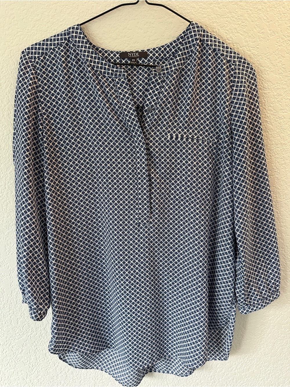 NYDJ Navy and White Lattice Print Henley Blouse